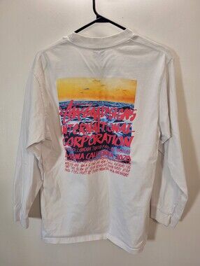 Stussy Mens Long Sleeve Clear Day White TShirt Pink Graphic - Size M